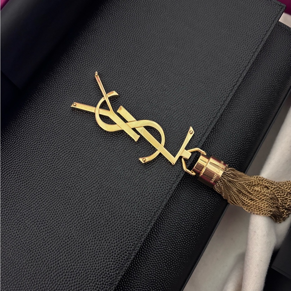 Yves Saint Laurent Black Clutch/Shoulder Bag with Gold Chain & Tassle